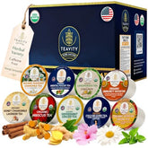Teavity front packaging showing variety pack and organic seal, highlighting convenience