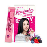 TEAZEN front packaging showing 10 berry kombucha packets, portable refreshment