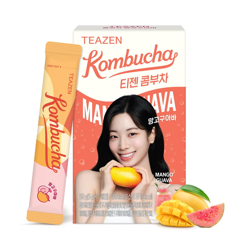 TEAZEN front packaging showing mango guava flavor and 10 packets for easy travel