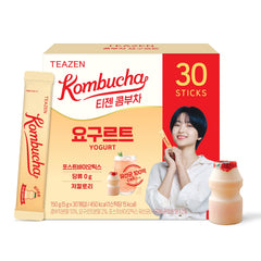 TEAZEN front packaging showing 30 yogurt kombucha sticks and benefits