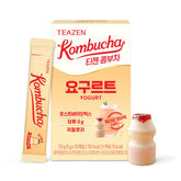 TEAZEN front packaging showing yogurt kombucha sticks and benefits