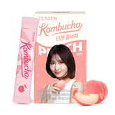 TEAZEN front packaging showing peach kombucha packets and brand clarity