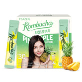 TEAZEN front packaging showing pineapple kombucha sticks and branding, highlights convenience