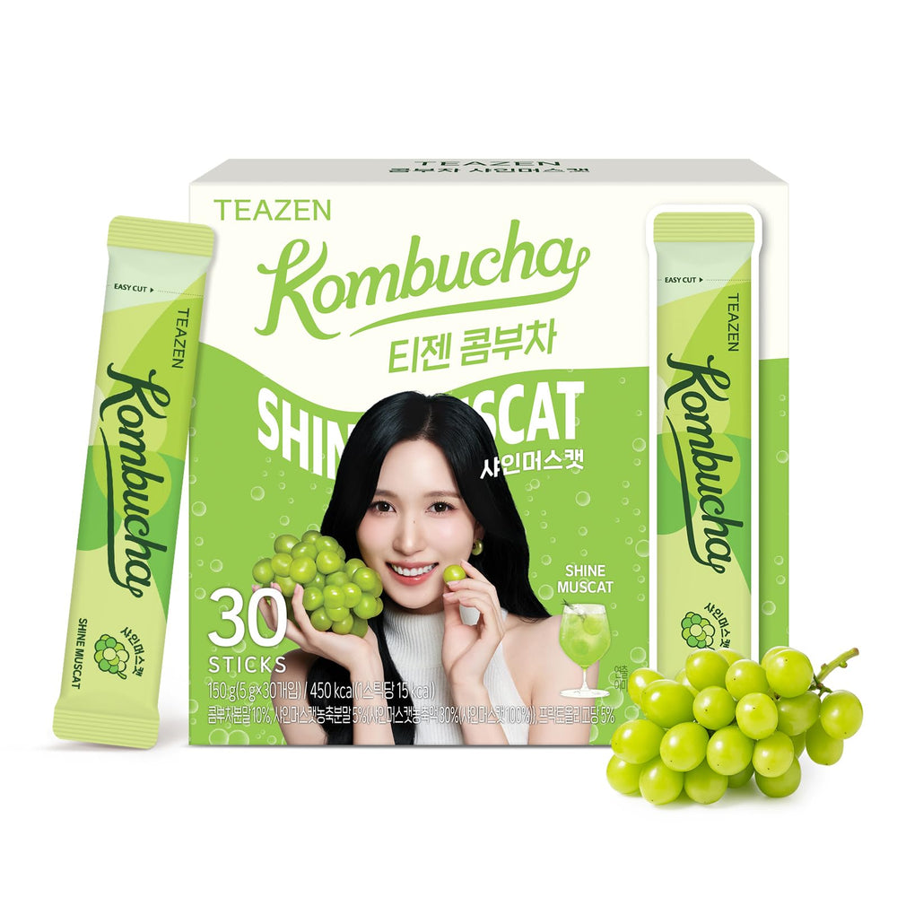 TEAZEN box front view showing Shine Muscat packets and compact packaging benefit portability