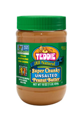 Teddie front jar view showing label and chunky unsalted peanut butter benefit