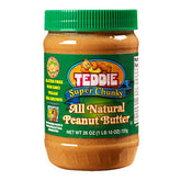Teddie jar front label showing super chunky 26 oz and clean ingredient benefit