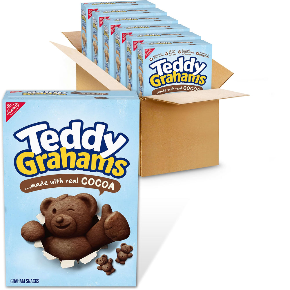 Teddy Grahams front packaging showing six-box bulk convenience and shelf appeal