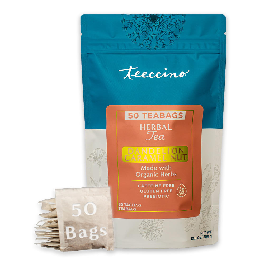 Teeccino front packaging showing caramel nut herbal tea and eco claims
