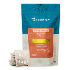 Teeccino front packaging showing caramel nut herbal tea and eco claims