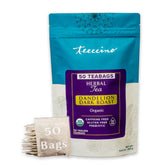 Teeccino front packaging showing dark roast and tagless tea bags benefit: clear product identity
