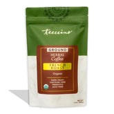 Teeccino front packaging showing 1.1 lb bag and bold dark-roast branding for convenience