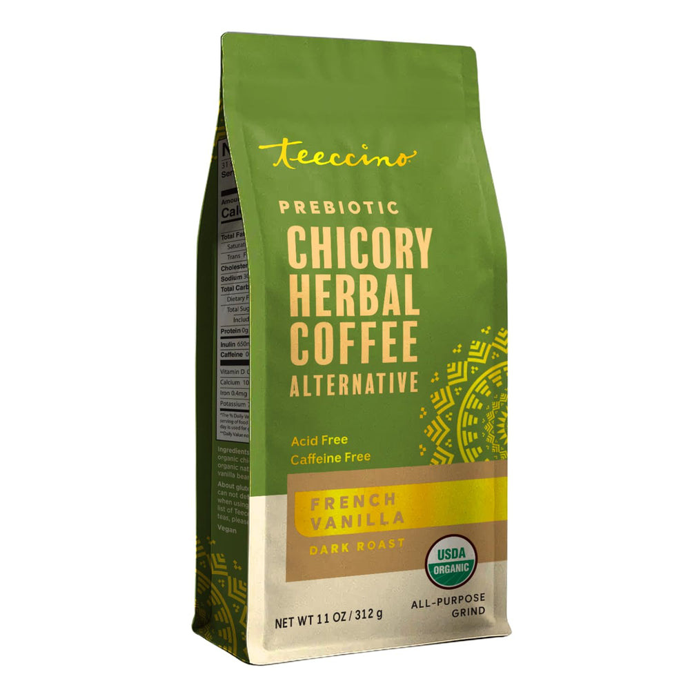 Teeccino front packaging showing French Vanilla 11 oz and benefits