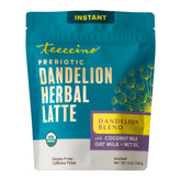 Teeccino front packaging showing dandelion latte and servings benefit convenience
