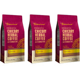 Teeccino front packaging showing 11 oz grounds and pack of three benefit convenience