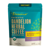 Teeccino jar front view showing label and serving count, highlights instant convenience
