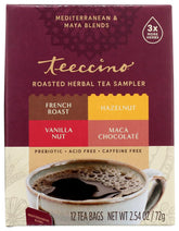 Teeccino sampler front packaging showing four flavors and caffeine-free benefit