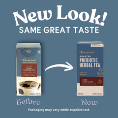 Teeccino tea bag close-up revealing roasted herb and seed blend benefiting flavor