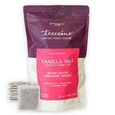 Teeccino front packaging showing vanilla nut label and eco tea bags, highlights flavor