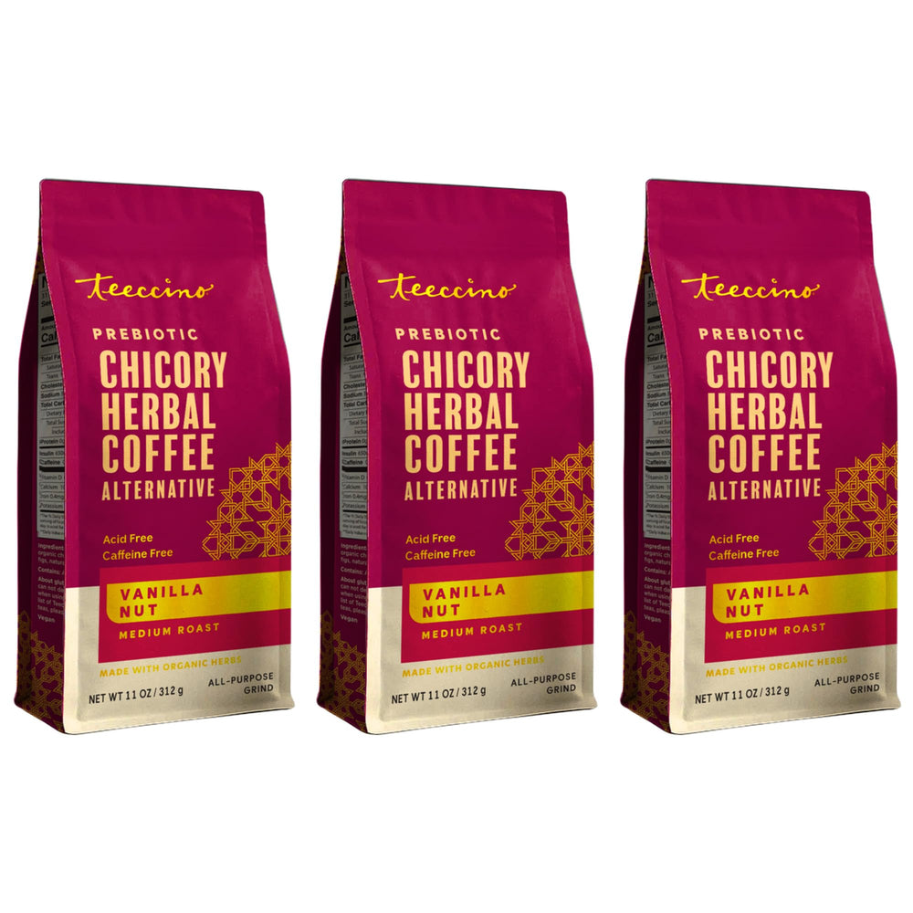 Teeccino front packaging showing label and net weight, clear benefits visible