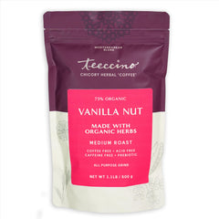 Teeccino front packaging showing vanilla nut blend and benefits