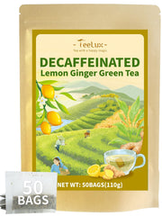 TeeLux front packaging showing lemon ginger decaf and 50 count benefit