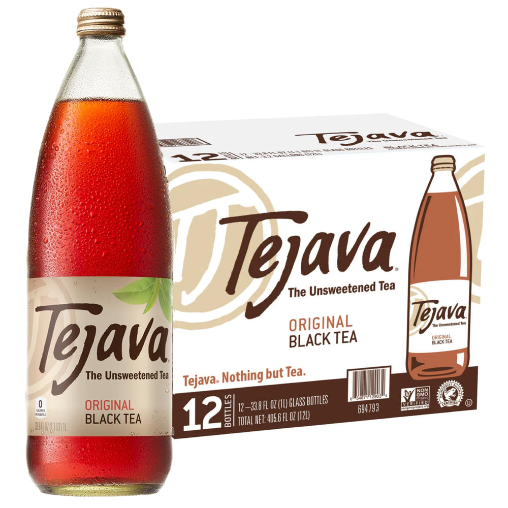 Tejava front 1L glass bottle showing brand and unsweetened benefit