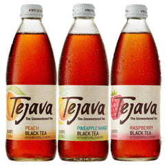 Tejava Peach bottle close-up highlighting label and refreshing clarity benefit