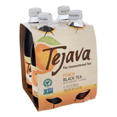 Tejava peach front packaging showing four 12 fl oz glass bottles and clean design