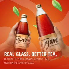 Tejava poured into glass with ice, showcases crisp peach aroma