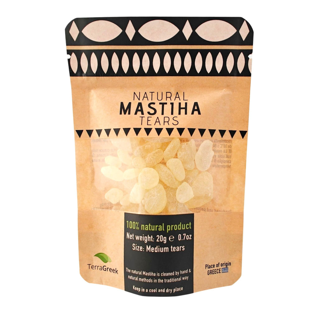 Terra Greek front packaging showing 20g mastiha tears and authentic labeling benefits freshness