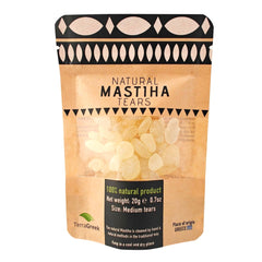 Terra Greek front packaging showing 20g mastiha tears and authentic labeling benefits freshness