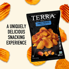 Terra bag open with chips pouring, showing grab-and-go convenience