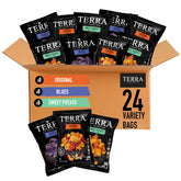Terra variety pack front view showing 24 snack bags and branding