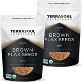 Terrasoul Superfoods front pack showing organic brown flax seeds and label benefits