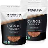 Terrasoul Superfoods carob powder front packaging showing product size benefit