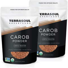 Terrasoul Superfoods carob powder front packaging showing product size benefit