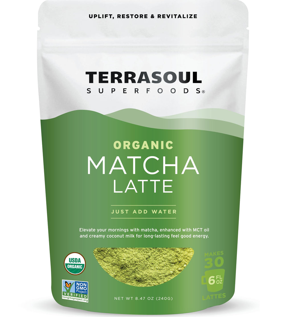 Terrasoul front packaging showing label and organic matcha benefits