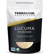 Terrasoul lucuma powder front pouch showing brand and size for easy selection