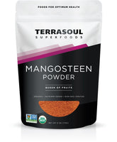 Terrasoul Superfoods front pouch showing organic mangosteen packaging and clear labeling benefits