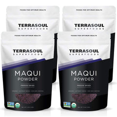 Terrasoul Superfoods front packaging showing four 4 oz resealable pouches and branding benefit convenience