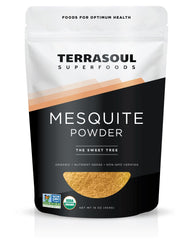 Terrasoul Superfoods mesquite powder front packaging showing organic label and 16 oz benefit