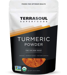Terrasoul Superfoods pouch front view showing 16oz label and organic certification benefits