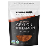 Terrasoul Superfoods front pouch showing 8 oz Ceylon cinnamon, clear product view and freshness