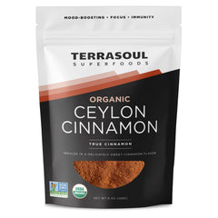 Terrasoul Superfoods front pouch showing 8 oz Ceylon cinnamon, clear product view and freshness