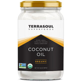 Terrasoul Superfoods glass jar front view showing label and organic seal, clear benefit