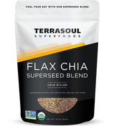 Terrasoul Superfoods front packaging showing organic flax chia blend benefit: pantry-ready nutrition