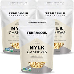 Terrasoul Superfoods front packaging showing organic cashew three-pack and convenience