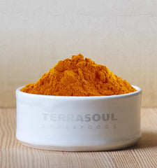 Terrasoul Superfoods turmeric spoon portion illustrating easy measuring and convenient use benefit