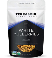 Terrasoul Superfoods front packaging of 16 oz mulberries showing organic label and benefits