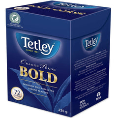 Tetley box front packaging showing bold orange pekoe and rich flavor